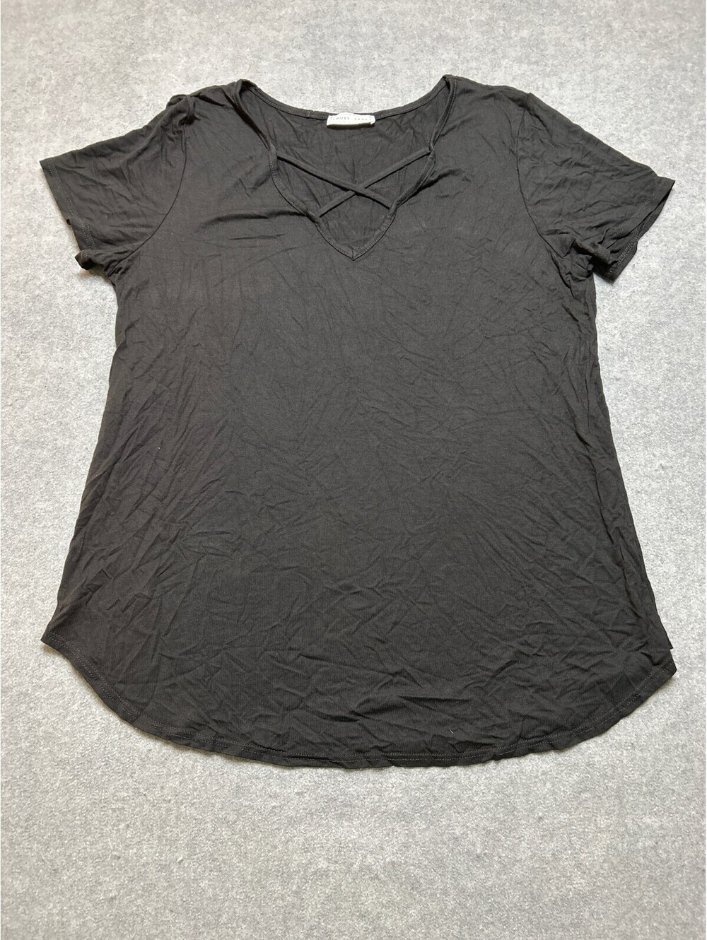Emory Park Womens XL Black Criss Cross V Neck Short Sleeve Stretch Top